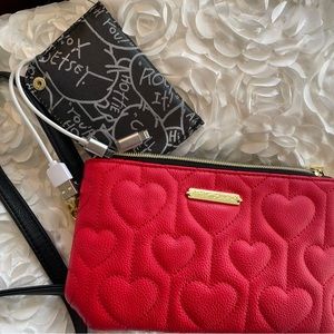 Betsey Johnson Quilted Red Heart Crossbody bag with phone charge cables. Leather